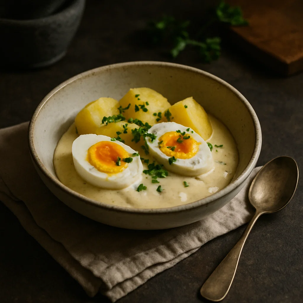 Senfeier mit Kartoffeln